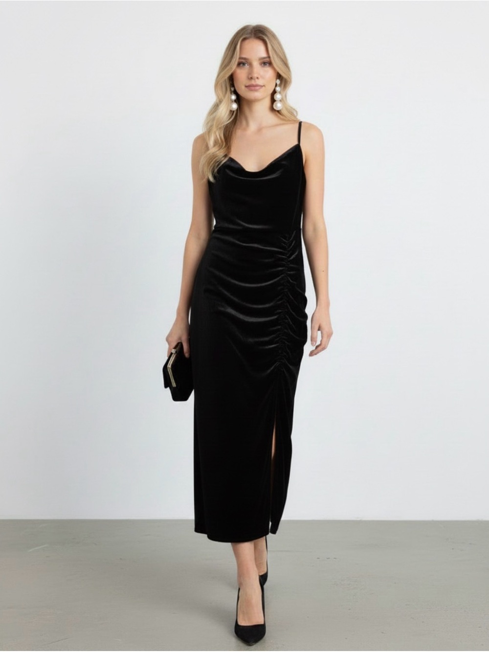 Black Velvet Cowl Neck Ruched Maxi Dress, formal dresses size large